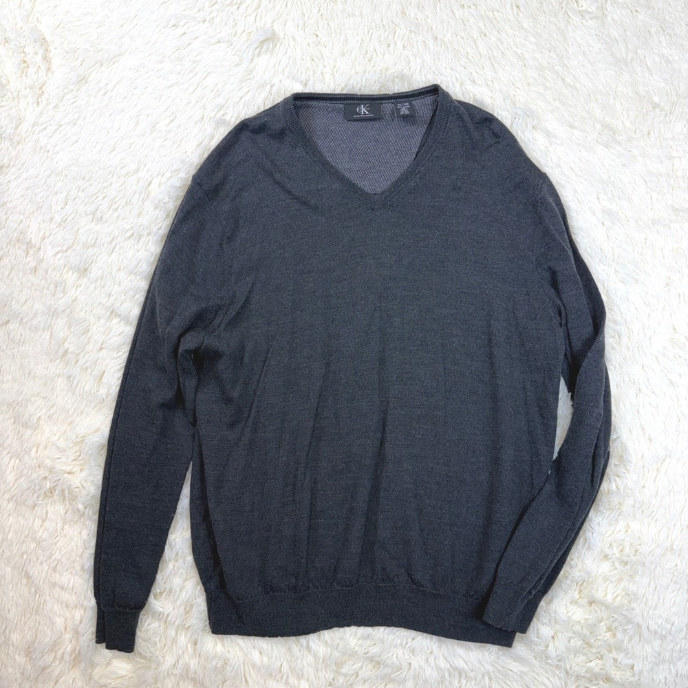 Calvin Klein Sweater Mens XL Gray Extra Fine Merino Wool V-Neck Pullover